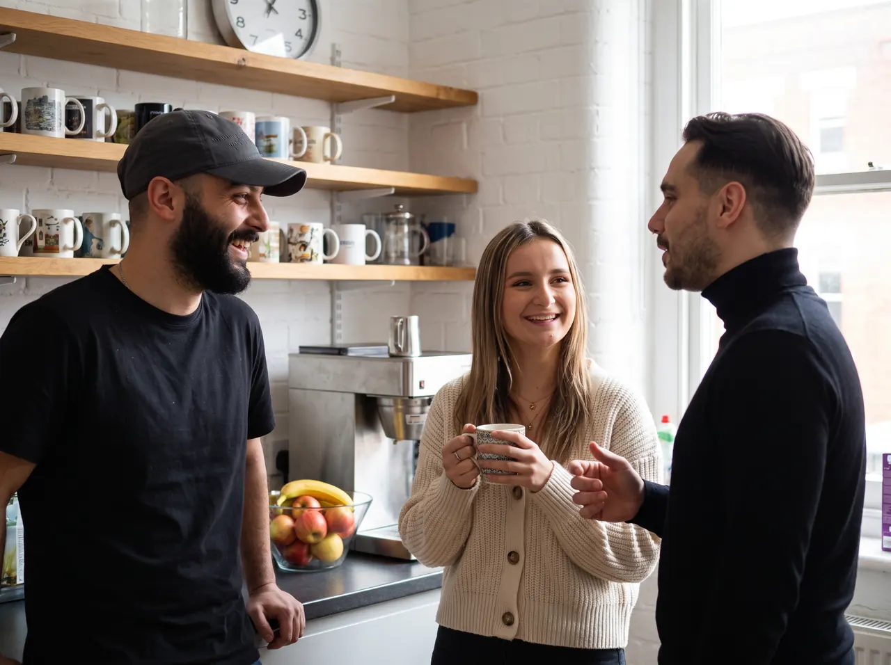 The team talking in the office kitchen