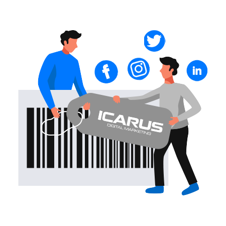 two persons carrying a big tag with Icarus brand logo and a big barcode